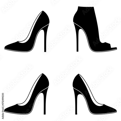 Collection of elegant high heel shoe silhouettes. Black stiletto pump and peep-toe icons for fashion design