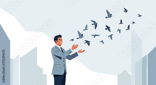Business Person Releasing Birds Symbolizing Freedom And Opportunity In The Cityscape