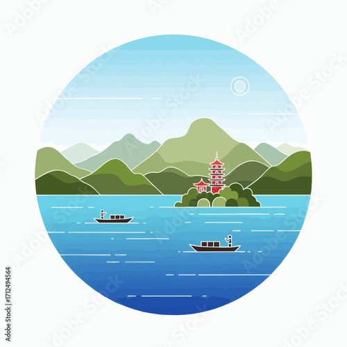 Traditional Asian Pagoda on Island in Serene Lake with Mountains.