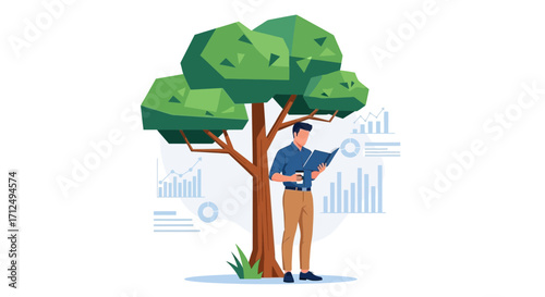Business Professional Analyzing Reports Under a Tree with Data Visualization Elements