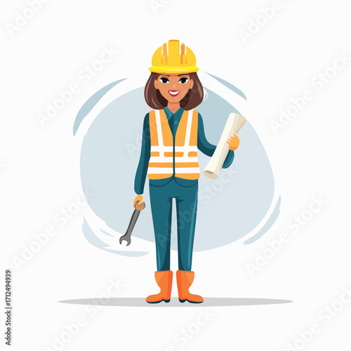 Cartoon of a professional female engineer or construction worker in a hard hat holding a wrench and blueprints