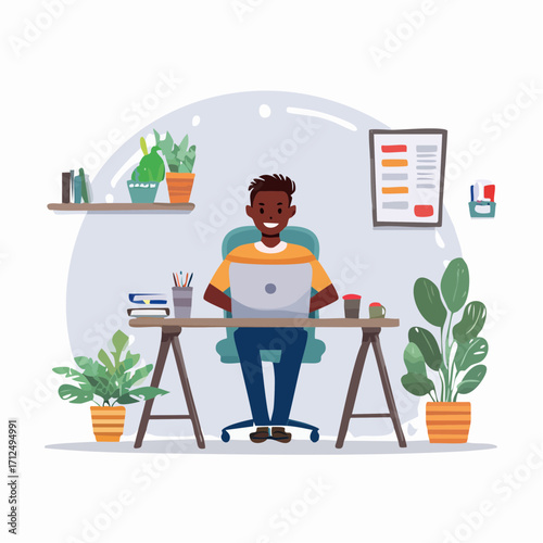 A cheerful African American man working from home on his laptop, surrounded by plants in a modern office