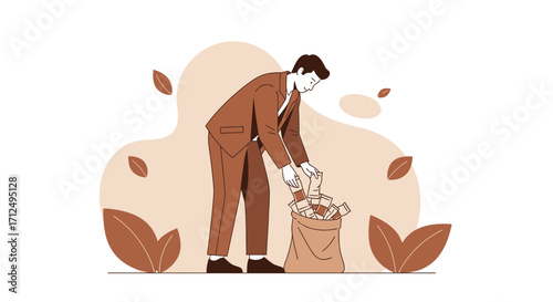 Businessman Filling Bag With Cash Illustrates Concept Of Wealth, Profits, And Financial Successes