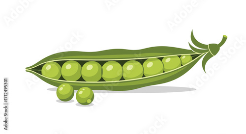 Fresh green peas inside an open pod with three peas on the side.