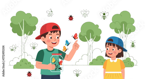 Children Exploring Nature, Discovering Butterflies and Insects in the Beautiful Summer Garden