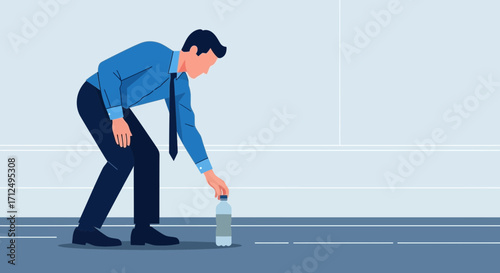 Businessman Reaching For Water Bottle, Indicating Hydration, Thirst, And Health Concerns