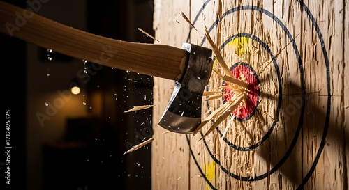 Axe throwing target with an axe stuck in the bullseye, splinters flying, dark background.