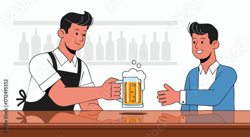 Bartender Serving Beer to a Customer at a Bar.