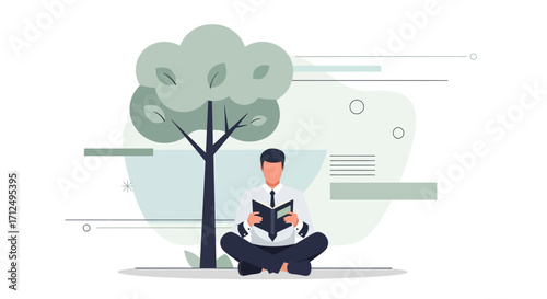 Businessman Reading Under A Tree: A Moment Of Quiet Contemplation And Relaxation