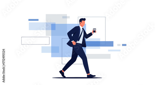 Businessman Walking With A Coffee In Hand, Illustrating Everyday Activities And Modern Workplace