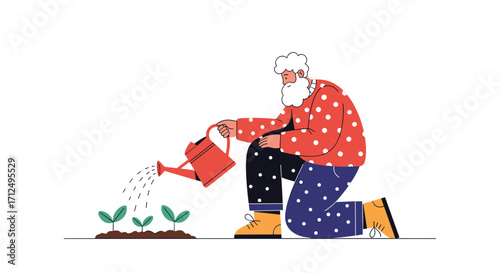 An elderly person watering young plants in the garden.