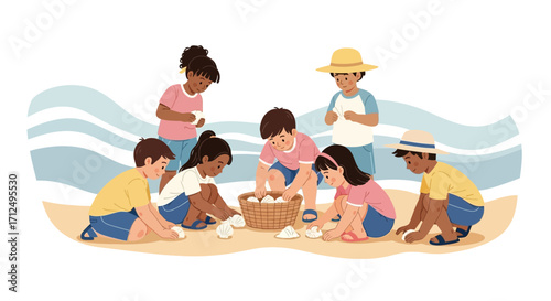 Children Exploring Seaside Wonders Gathering Shells and Basket of Seashells Together at Beach