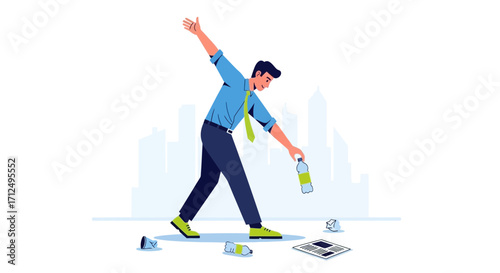 Businessman Throws Away Plastic Bottle Illustrating Environmental Irresponsibility and Pollution