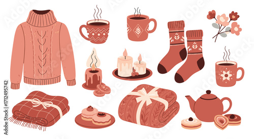 Cozy knitted sweater with candles and hot beverages.