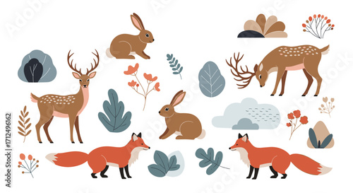A charming collection of woodland creatures and natural elements.