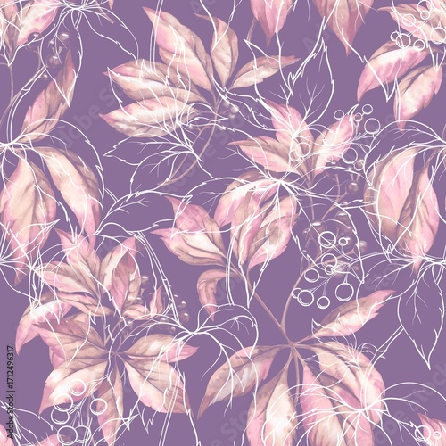 Watercolor pattern of wild intertwining grapes blooming
