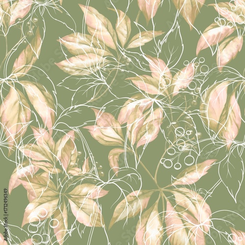 Watercolor pattern of wild intertwining grapes blooming