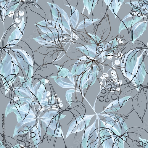 Watercolor pattern of wild intertwining grapes blooming