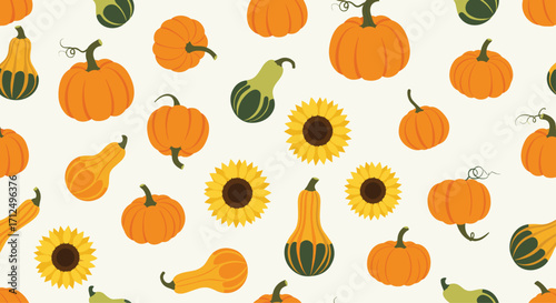 Autumn harvest of pumpkins and sunflowers seamless pattern.
