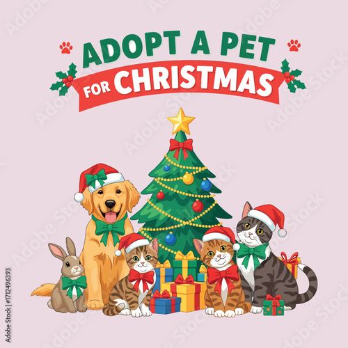 Adopt a Pet for Christmas event at an animal shelter vector illustration