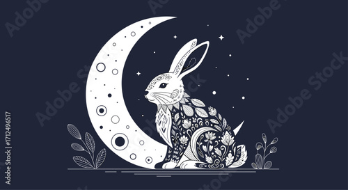 A whimsical rabbit gazes at the starry crescent moon.
