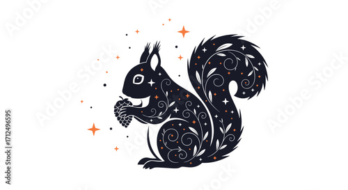 A cosmic squirrel holding a nut with celestial patterns and sparkling stars.