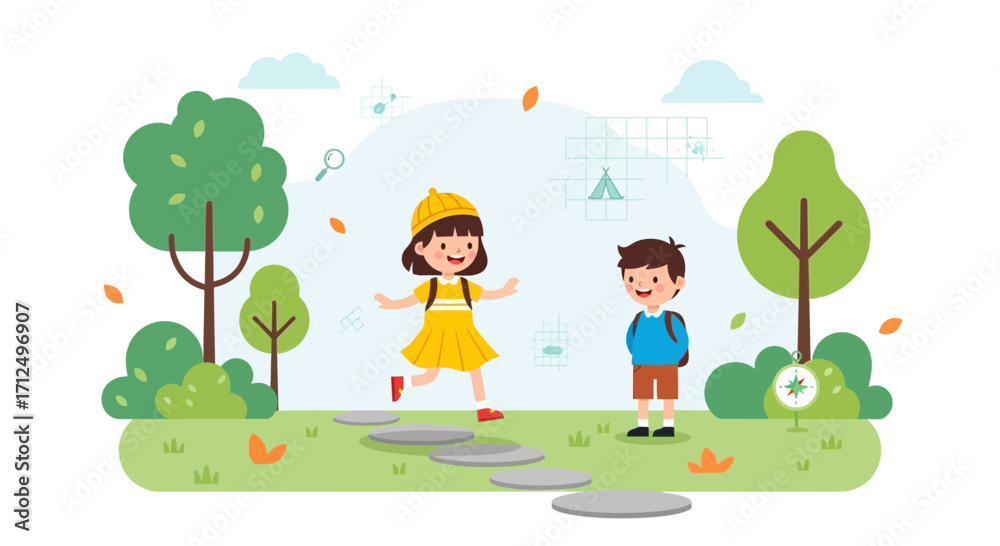 Obraz premium Children Having Fun Outdoors on a Trail with Trees and Foliage During Daytime