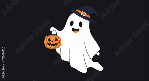 A friendly ghost holding a jack-o-lantern on Halloween night.