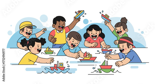 Children Having Fun Playing With Toy Boats In A Playful And Lively Scene