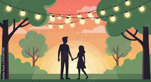 Couple holding hands in a park at sunset with string lights.