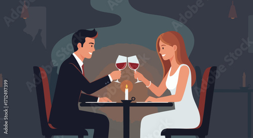 Couple enjoying a romantic dinner with wine at a restaurant.