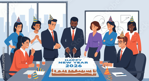 Diverse Business Team Celebrating New Year 2026 in Office.
