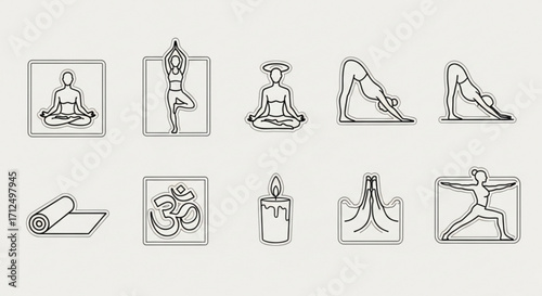 Collection of yoga icons, featuring poses, symbols, and elements related to yoga practice and mindfulness for wellness