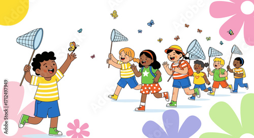 Children Joyfully Chase Butterflies With Nets During a Sunny Day of Outdoor Activity Fun