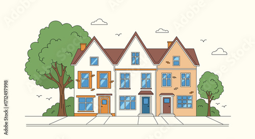 Charming row of houses with trees and birds.