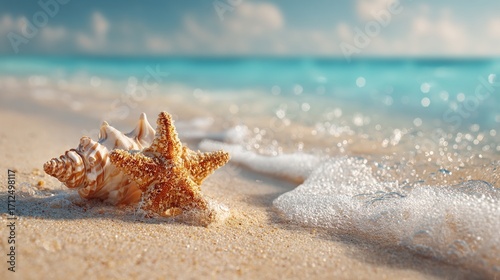 starfish. Seashells and starfish on sand, evoking tranquility of a tropical beach. travel magazines, destination branding, designed for travel destination branding, used by motion designers.