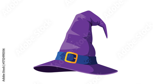 A whimsical pointy purple wizard hat with a golden buckle decoration.
