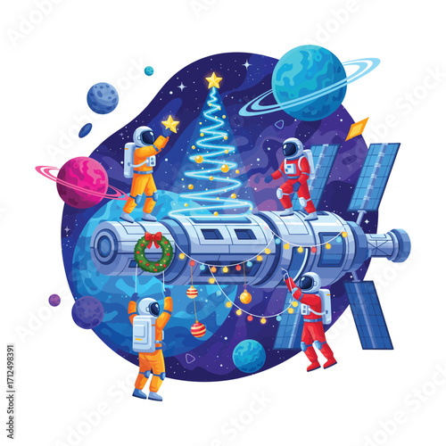 Christmas in Space Astronauts decorating their space station vector