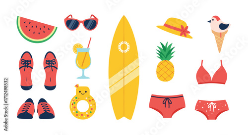 A colorful collection of summer beach and vacation items for a fun day.