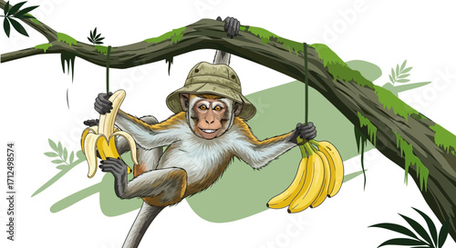 Cheerful Monkey Swinging And Enjoying Bananas In A Tropical Forest Illustration