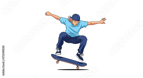 A young person performs a skateboarding trick in mid-air.