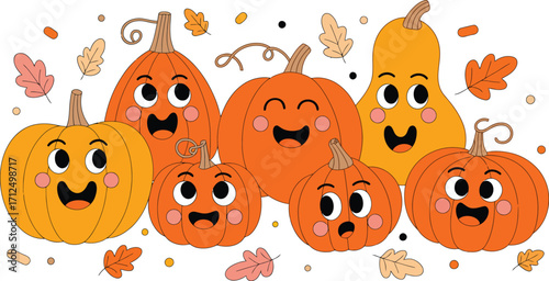 Joyful cartoon pumpkins with smiling faces celebrate autumn harvest