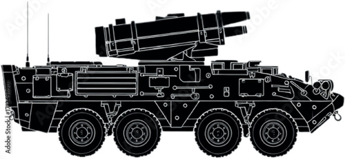M1134 Stryker ATGM Silhouette | Bold Black Military Vehicle Outline – Side View Armored TOW Missile Carrier Illustration