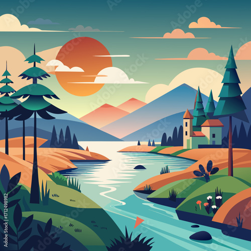 Stunning nature illustration featuring a picturesque lakeside scene with mountains, trees and a charming cottage bathed in warm sunlight, perfect for travel and design inspiration