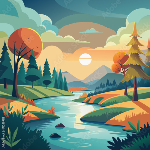 Dreamy vector landscape scene with river flowing through mountains at sunset, evoking peace and tranquility, perfect for nature lovers and outdoor enthusiasts, calming and serene