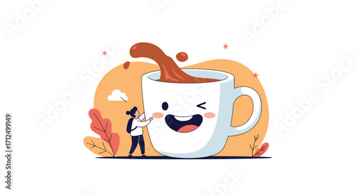 A tiny person pouring hot coffee into a giant cheerful mug.