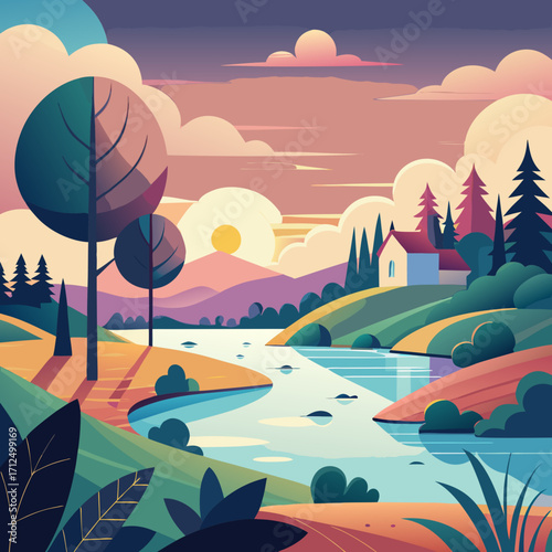 Peaceful landscape illustration of a river flowing past a cottage at sunset, perfect for nature lovers and travel bloggers seeking serene imagery, originally a scalable vector graphic
