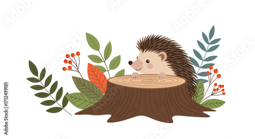 Cute hedgehog peeking from a tree stump surrounded by autumn leaves and berries.