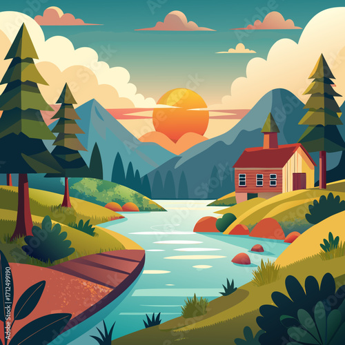 Stunning mountain landscape at sunset with cabin by the river, perfect for travel posters and nature-themed designs, evoking peace and tranquility with vibrant colors and stylish art