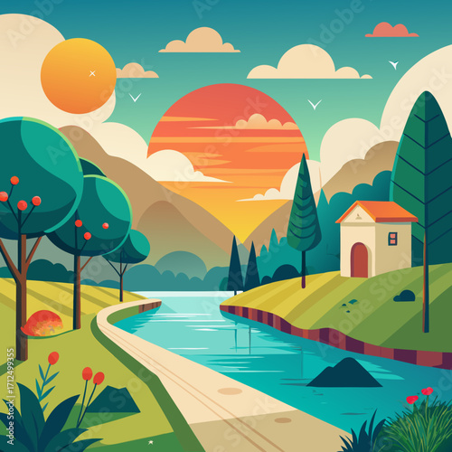 Serene sunset landscape with a tranquil river flowing past a charming house, evoking peaceful country living and the beauty of nature's golden hour glow, a peaceful escape